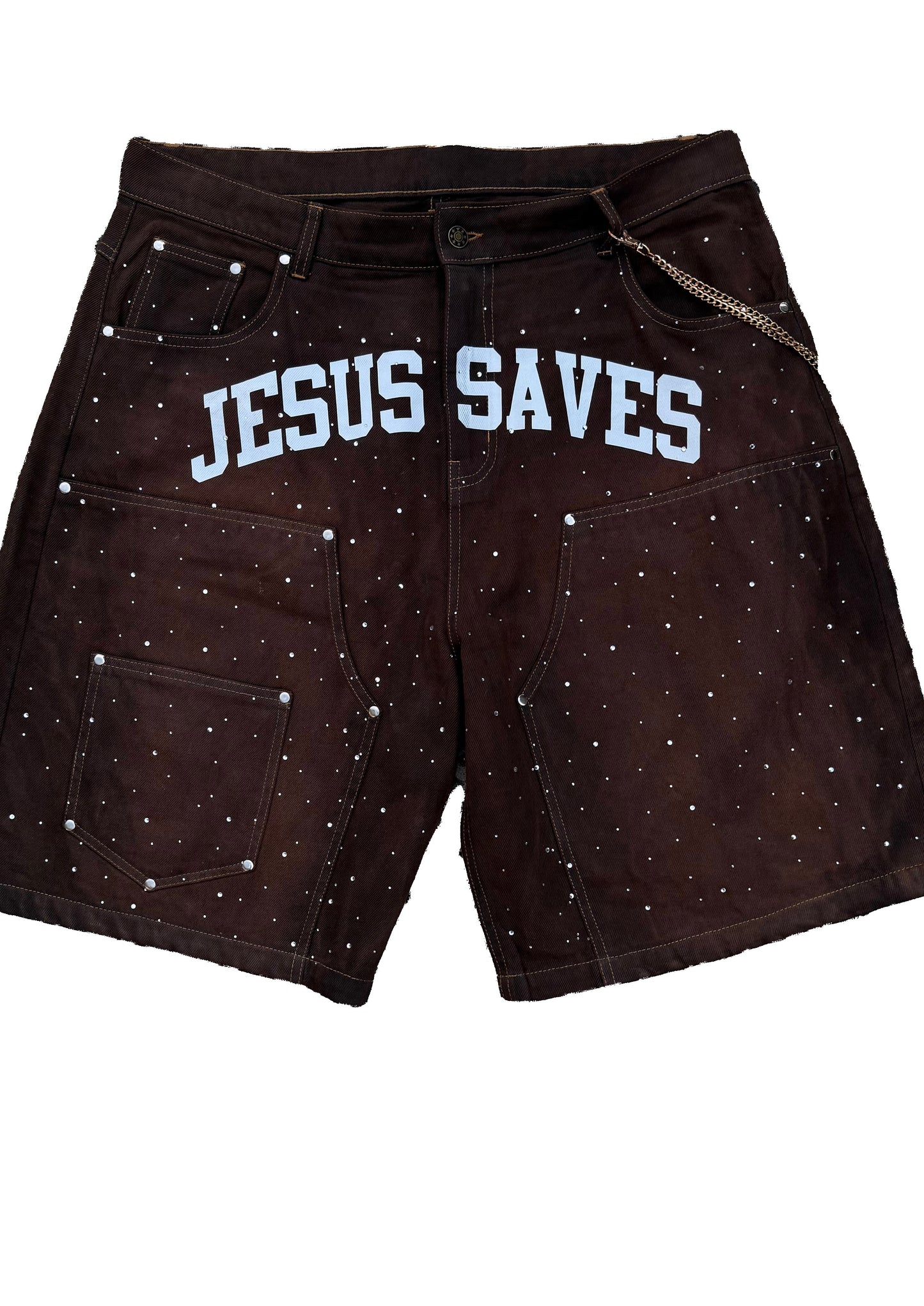 Jesus Saves I Spend Rhinestone Shorts Brown
