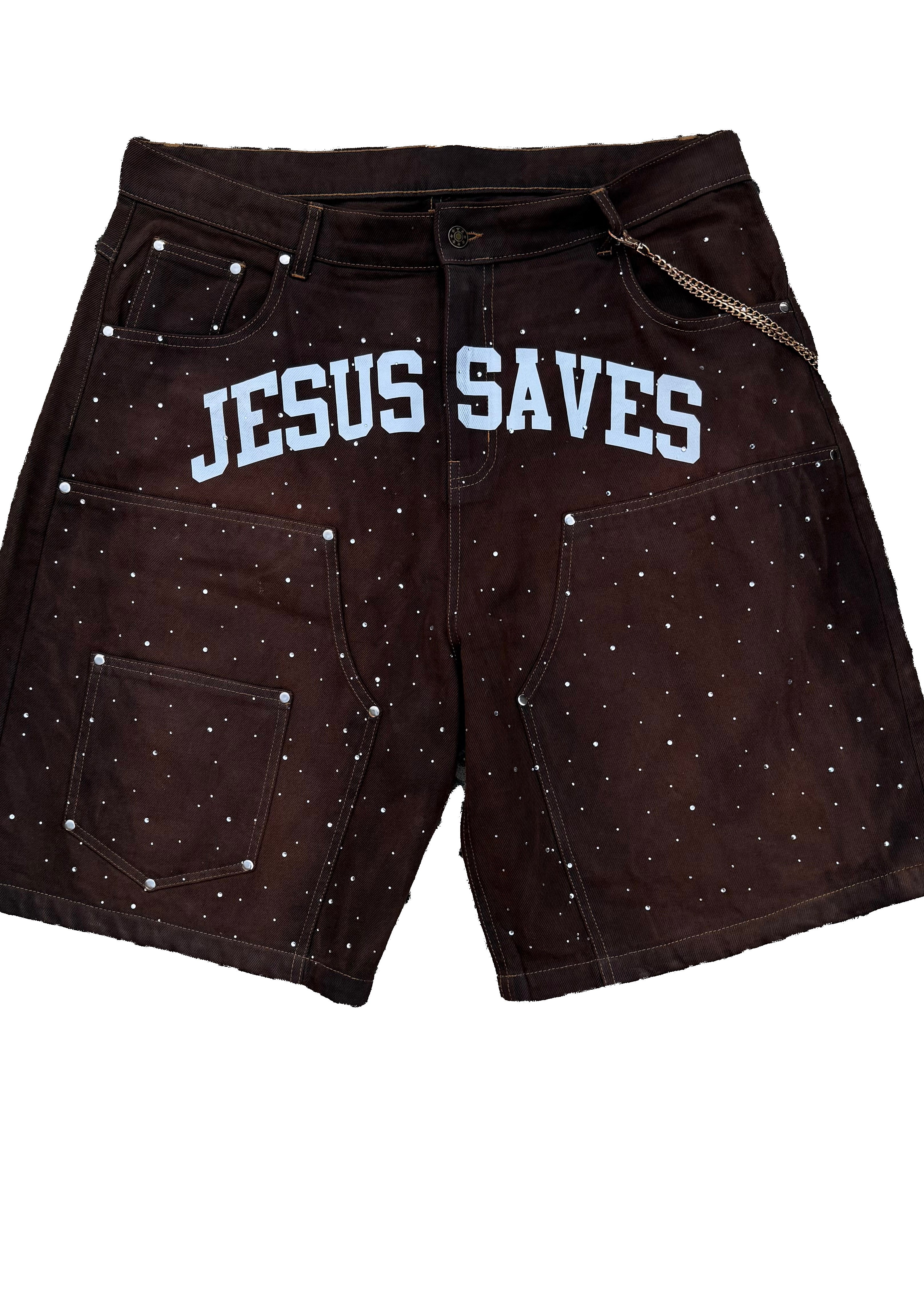 Jesus Saves I Spend Rhinestone Shorts Brown-Empxre Boutique