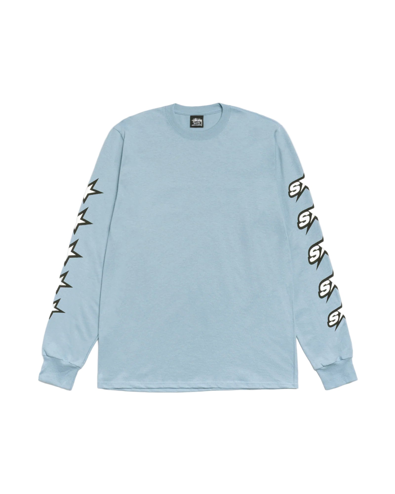 Light blue long-sleeve shirt with graphic designs on sleeves against a white background