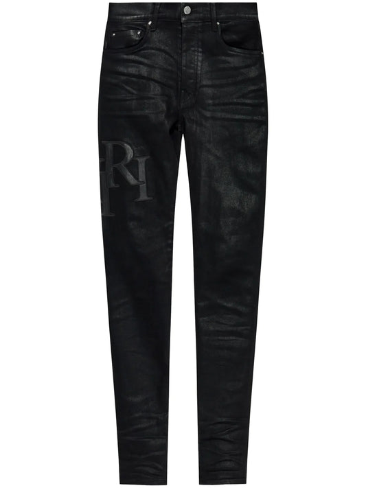 AMIRI Black Waxed Staggered Logo Skinny Jeans-Empxre Boutique