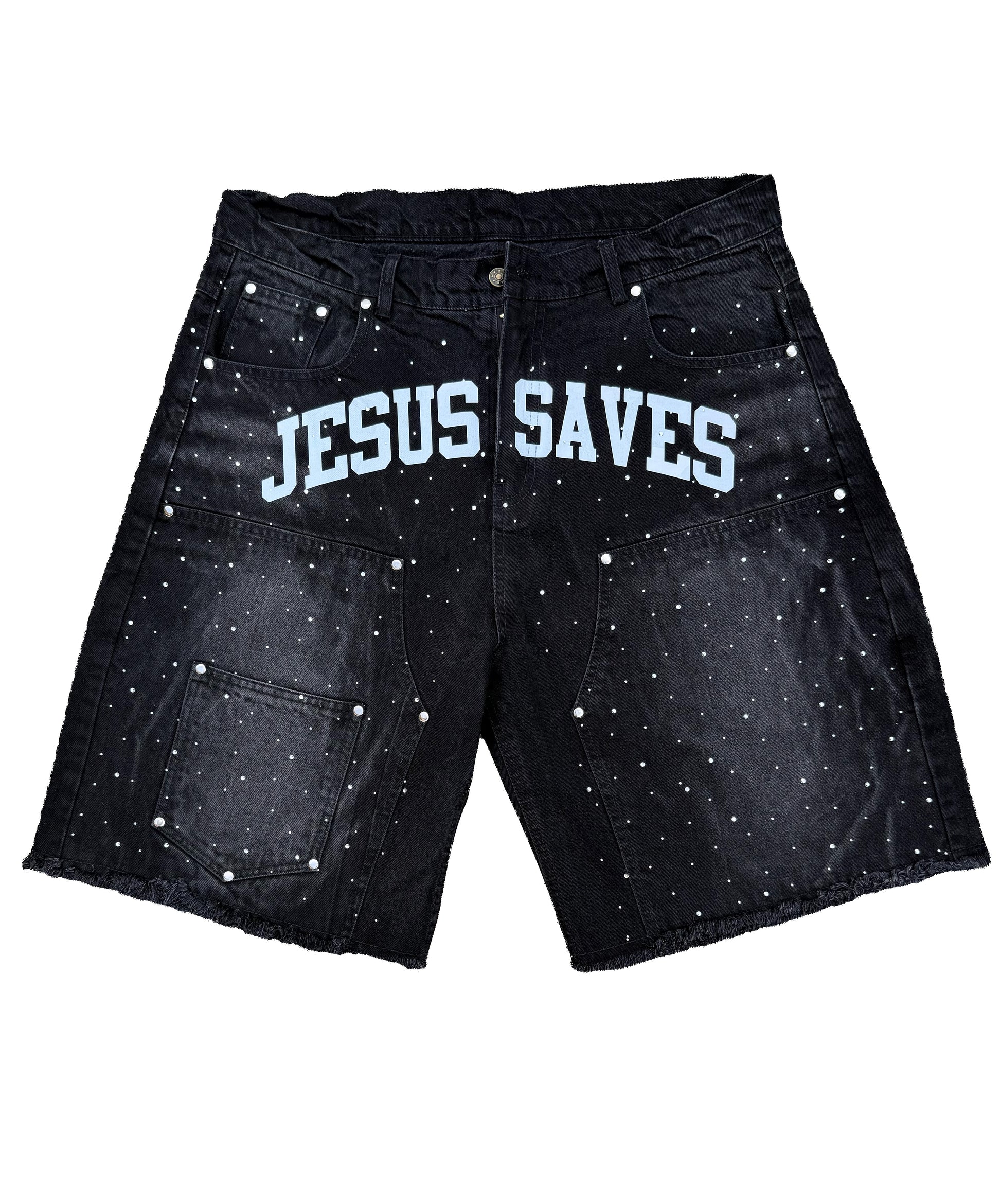 Jesus Saves I Spend Rhinestone Shorts Black-Empxre Boutique