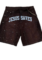 Jesus Saves I Spend Rhinestone Shorts Brown-Empxre Boutique