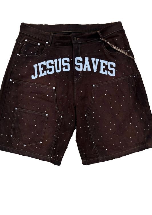Jesus Saves I Spend Rhinestone Shorts Brown