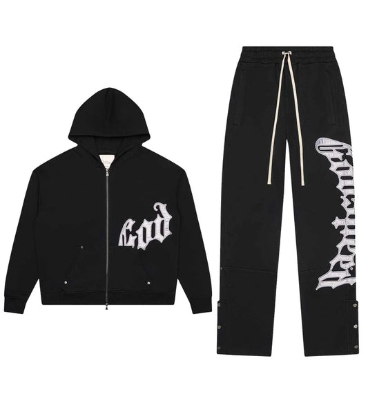 Godspeed OG Logo Sweatsuit V2 Black Silver Satin Set