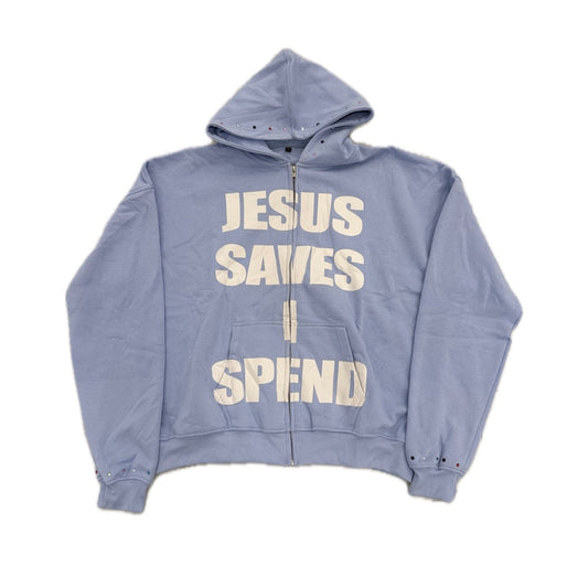 Jesus Saves I Spend Hoodie Baby Blue