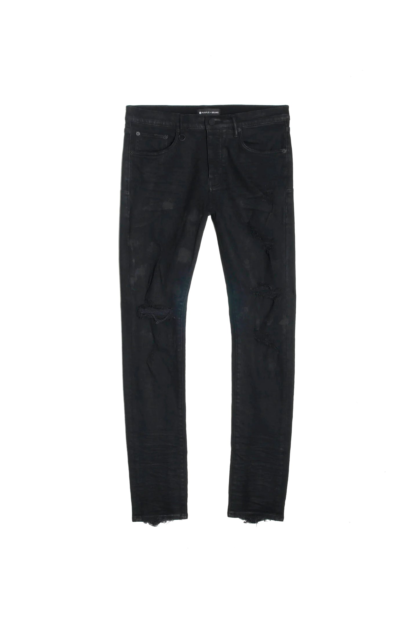 Purple Brand	Low Rise Coated Skinny Jeans (Black Oil Spill)