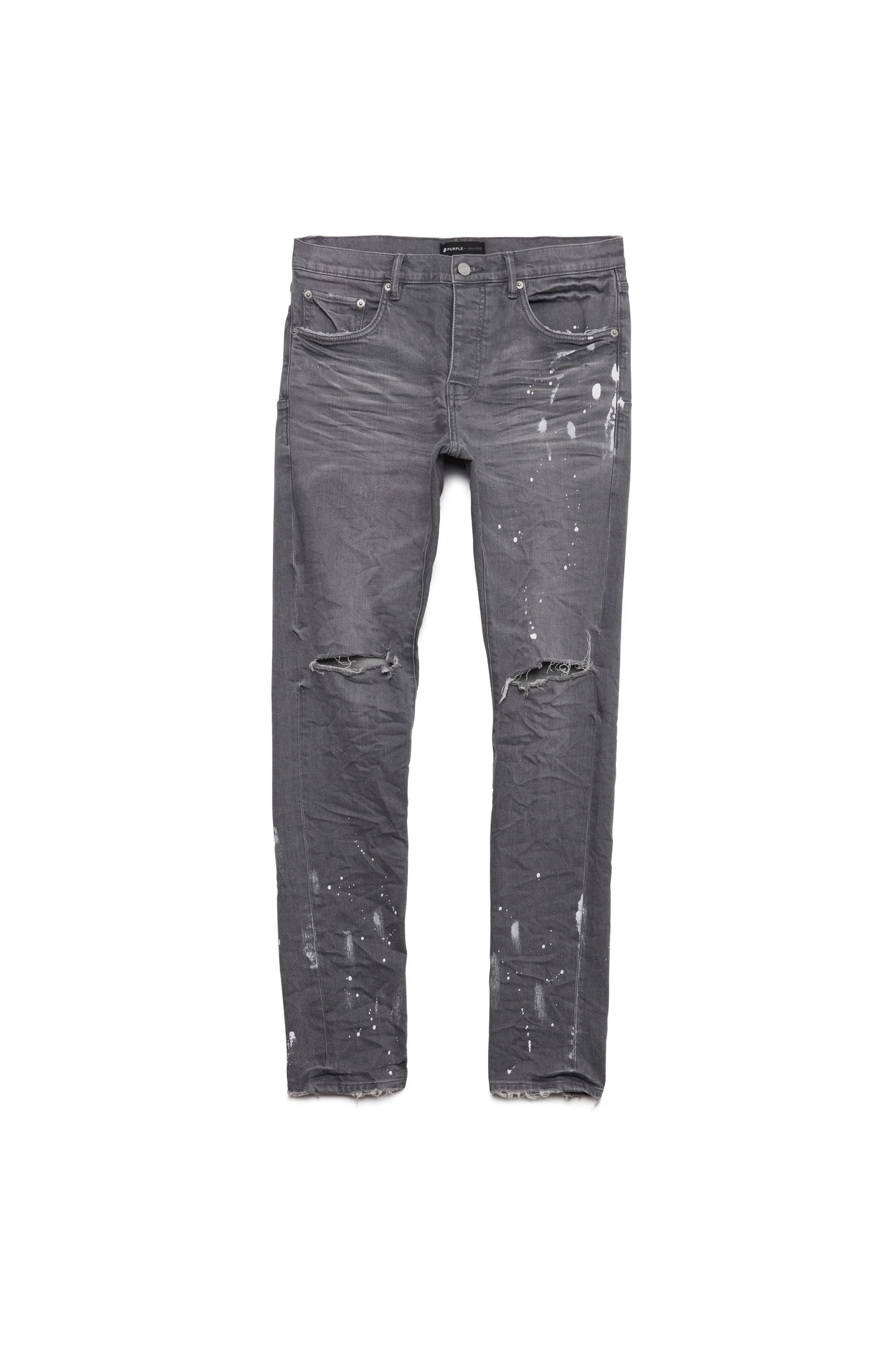 Purple Brand Painted Ripped Knee Slit Skinny Jeans Worn Grey