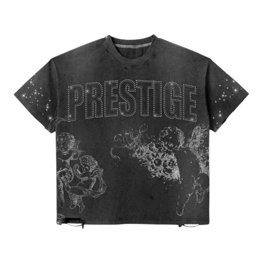 Prestige Distress Angel Rhinestone Tee Black