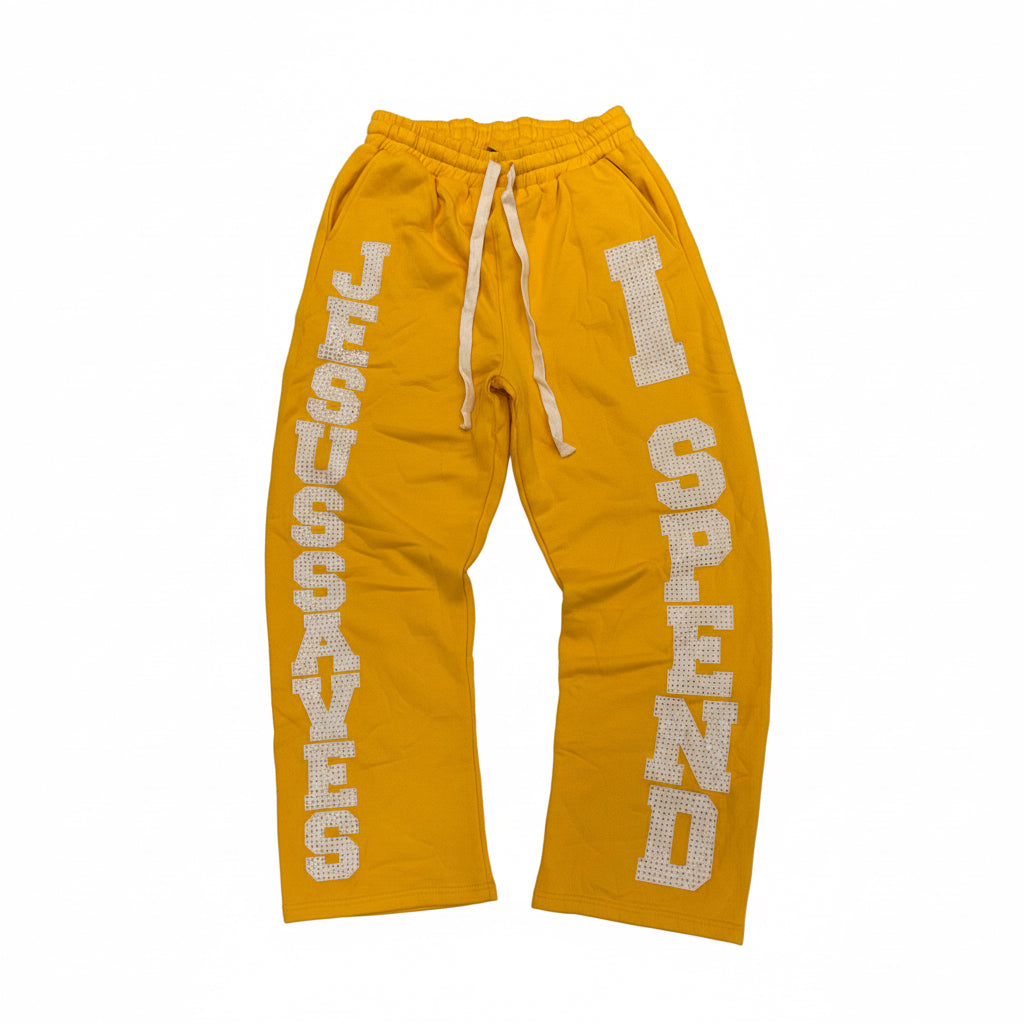 JSIS Yellow & White Sweatpants With Rhinestones